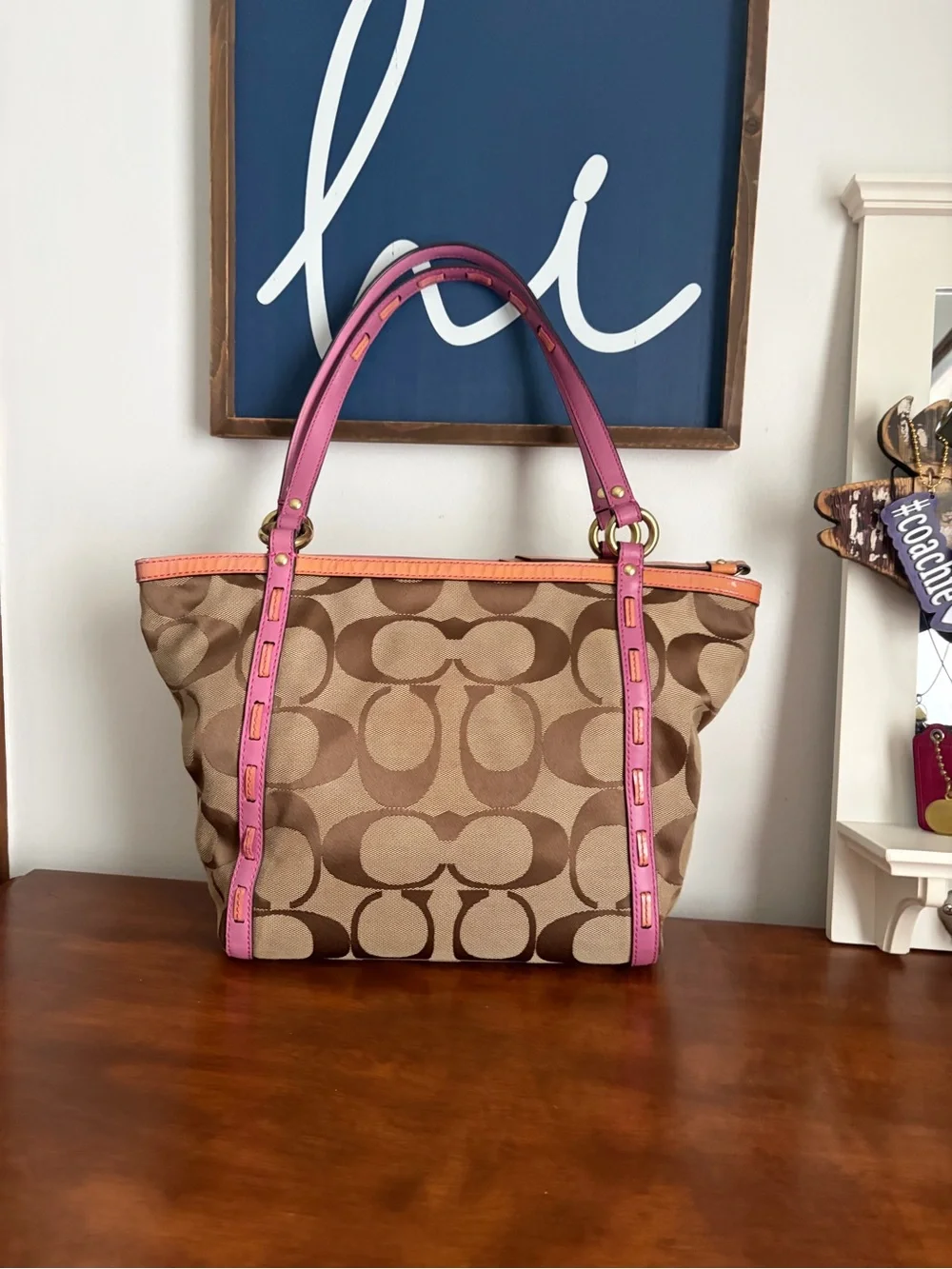Coach Brown Signature Canvas Tote with Pink Trim Tattersall Lining *READ*